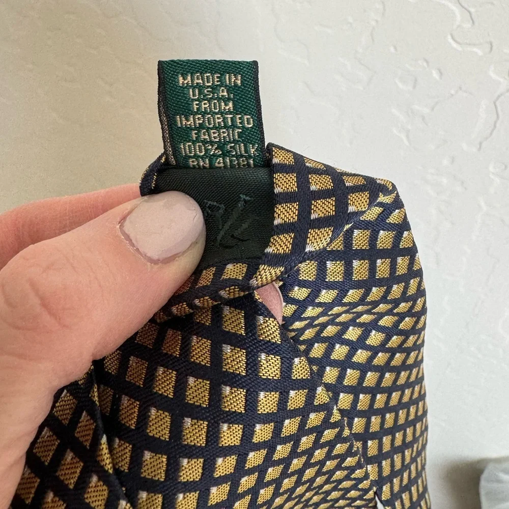Lauren Ralph Lauren Silk Necktie Tie Geometric Pattern Navy Blue Gold